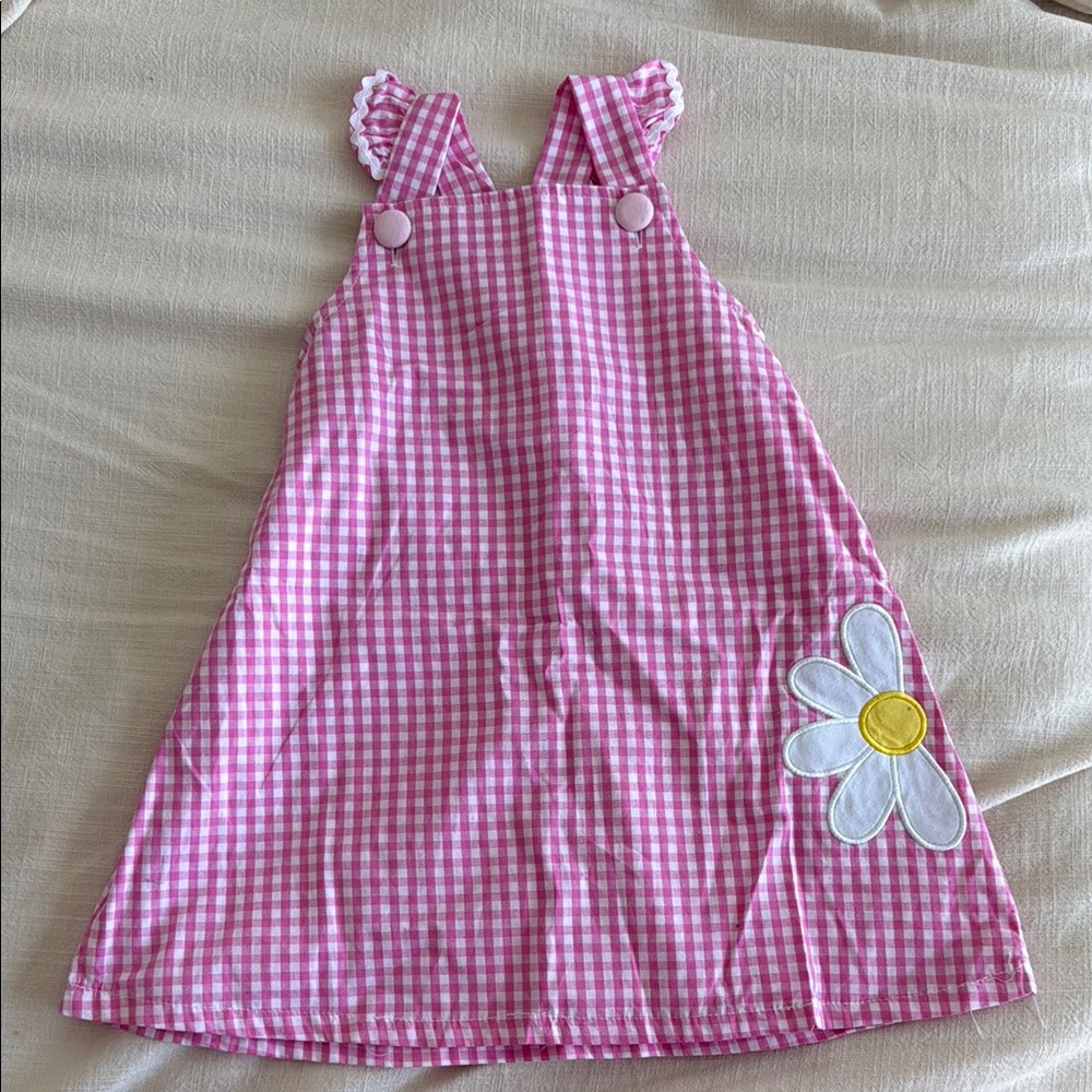 Stitchy Fish Pink Gingham Dress with Daisy Patch